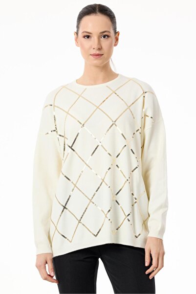 Tığ Triko Payetli Baklava Desenli Triko Bluz EKRU