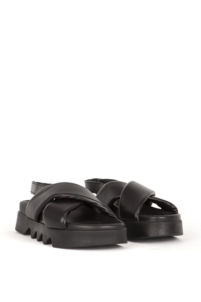 Dericlub Orthopedic Women's Sandals - Cross Strap, Thick Sole, Real Leather, Zy 7947 Black