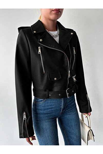 JESSE STORY Kadın Siyah Deri Mont Fermuar Tasarım Yumuşak Esnek Deri Kumaş