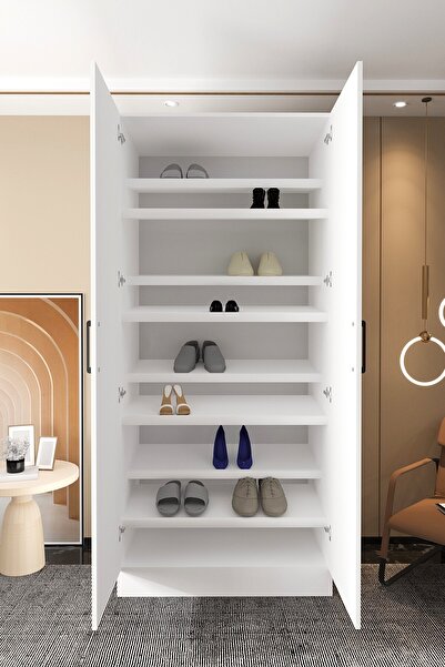 Mercie KAPAKLI 100 Cm'lik 8 Raflı Ayakkabılık Giyinme Dolap-beyaz