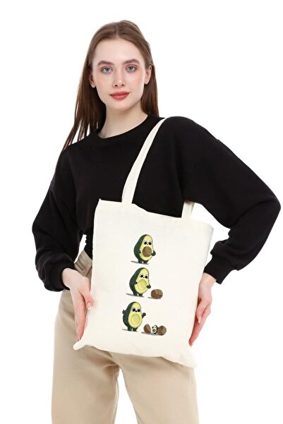 Çınar Bez Çanta Avokado Ve Yavrusu Baskılı Ham Bez Çanta