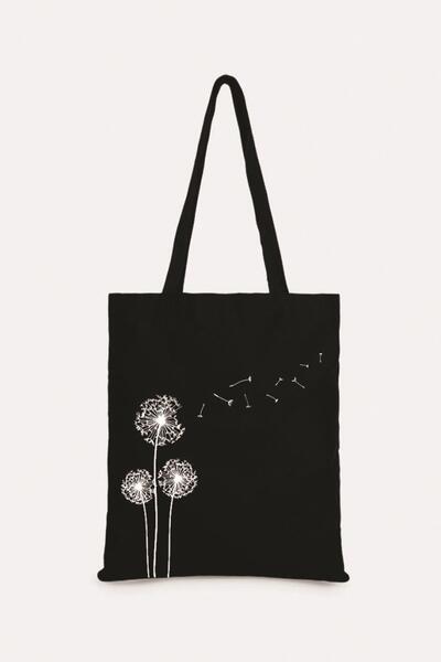 Çınar Bez Çanta Polen Baskılı Siyah Bez Çanta (TEK TARAFLI)