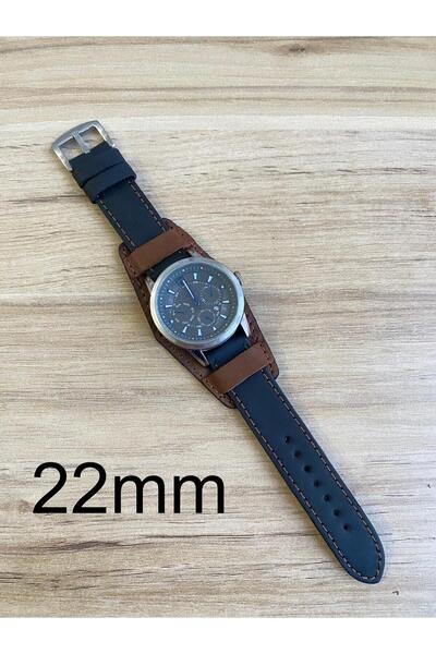 Prizma 22mm Düz Siyah Kahverengi Detaylı Alttan Derili El Yapımı Siyah Deri S...