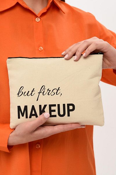 Çınar Bez Çanta Clutch But First Makeup τυπωμένη πάνινη τσάντα μακιγιάζ