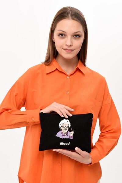 Çınar Bez Çanta Clutch Grandma Mood Black Canvas Makeup Bag