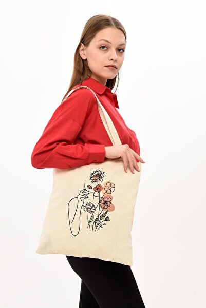 Çınar Bez Çanta Çiçek Kadın Baskılı Ham Bez Çanta