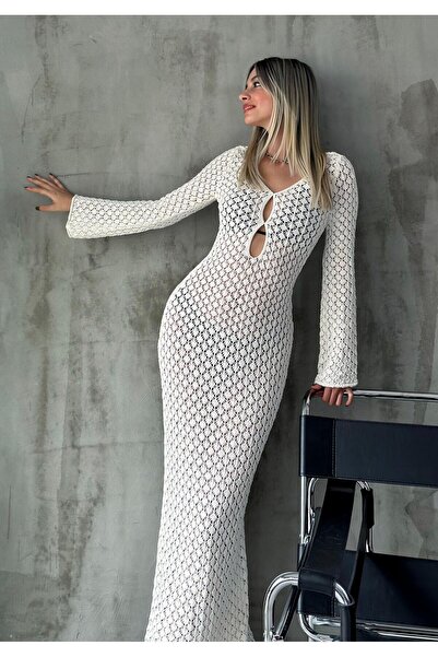 Angel Mia Pencere Detay Ajurlu Triko Elbise Ekru