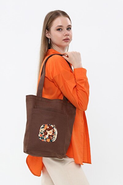 Çınar Bez Çanta 2 Cepli Sevimli Kız Baskılı Koyu Kahve Gabardin Çanta