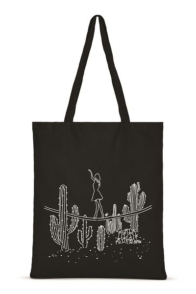 Çınar Bez Çanta Geantă Pânză Neagră Imprimată Cactus Și Fată