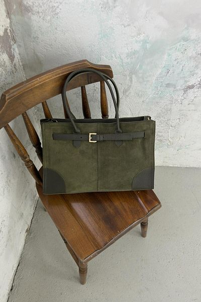 LEONAS Real Suede Leather Women's Hand and Shoulder Bag with Belt Accessory Howell Khaki