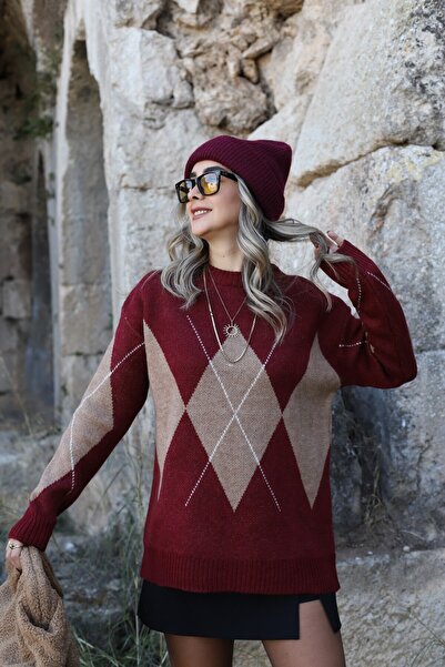 bytugcekaya Bordo crveni Baklava šara standardne veličine džemper