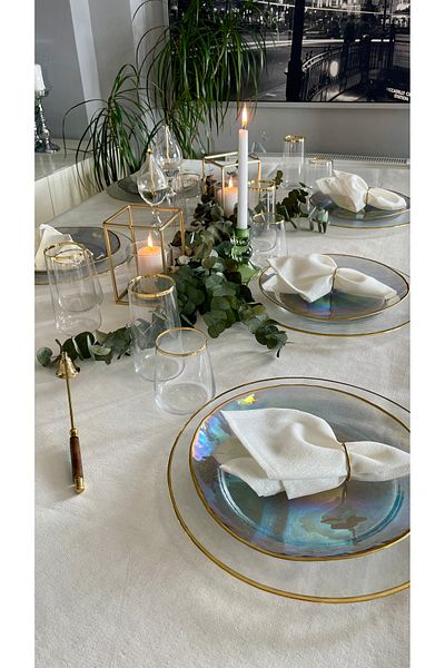 Decamor home Linen Textured Mother of Pearl Glitter White Table Cloth