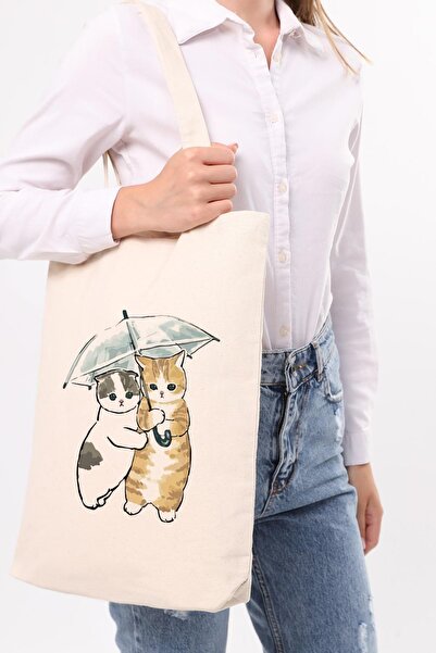 Çınar Bez Çanta Kanvas Şemsiyeli Kediler Baskılı Bez Çanta