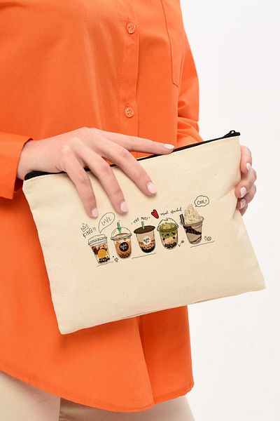 Çınar Bez Çanta Τσάντα μακιγιάζ με στάμπα κούπας καφέ Clutch |   (25Χ17)