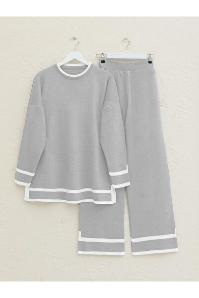Modamorfo Double Knitwear Set with Cuffs and Stripes - Gray
