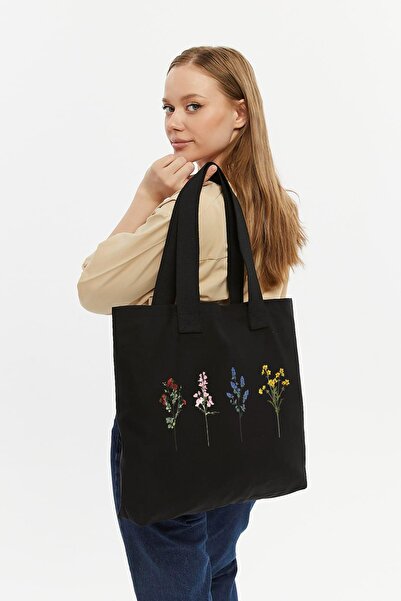 Çınar Bez Çanta Siyah Kolon Saplı Renkli Çiçekler Baskılı Kanvas Yatay Çanta