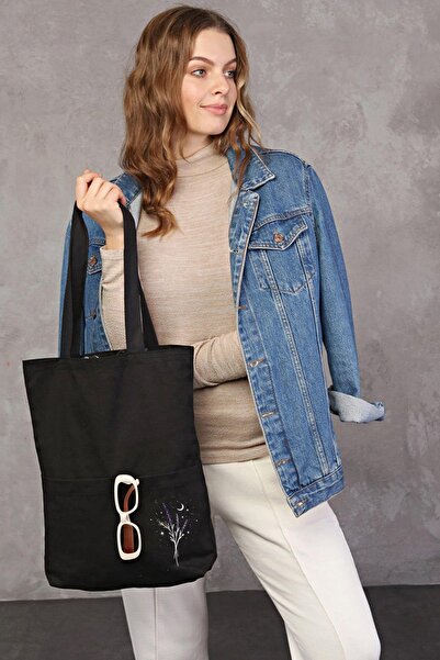 Çınar Bez Çanta 3 Cepli Lavanta Baskılı Siyah Gabardin Çanta