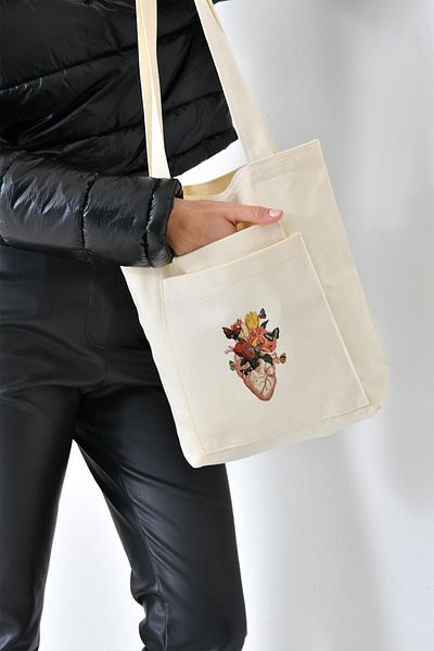 Çınar Bez Çanta 2 Pocket Butterfly Heart Printed Ecru Gabardine Bag