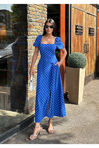 Angel Mia فستان فيسكوز أزرق من ساكس - كم بالون وتفاصيل شق