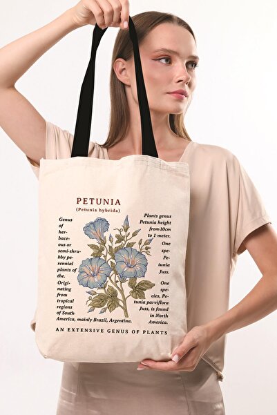 Çınar Bez Çanta Siyah Kulplu Krem Kanvas Petunia Baskılı Bez Çanta