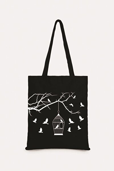 Çınar Bez Çanta KUŞ KAFES BASKILI SİYAH BEZ ÇANTA (Tek Taraflı)