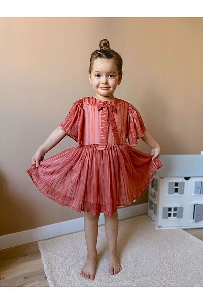 inMini Girls' Organza Jagar Bow Pleated Short Sleeve Dress