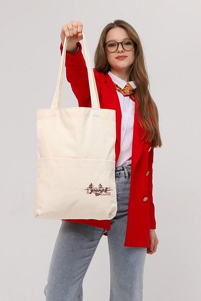 Çınar Bez Çanta 3 Pockets Love Yourself Printed Ecru Gabardine Bag