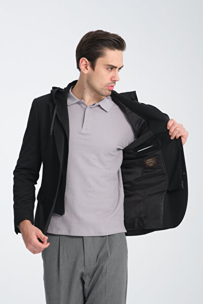 Frappoli Marcio Erkek Siyah Çıkarılabilir Kapşonlu Yarım Astar Slim Fit Mono Yaka Spor Blazer Ceket