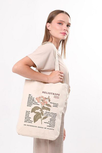 Çınar Bez Çanta Cream Canvas Heliotrope Printed Cloth Bag with Black Handles