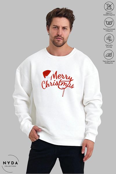 Nyda Collections Crăciun Fericit/Anul Nou Imprimat - Hanorac oversize unisex fără glugă
