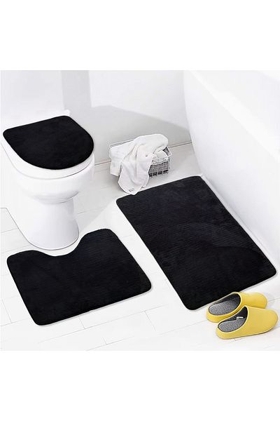 Bonny Home Set de covoare de baie din 3 piese Unicolor negru simplu Set de scaune de toaletă antiderapante