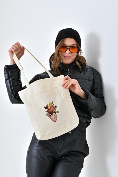 Çınar Bez Çanta Сумка з 2 кишенями, принтом метелика і серцем, екрю габардин