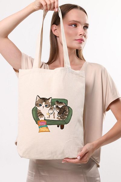 Çınar Bez Çanta Geantă din pânză Cips Eating Cat C1616