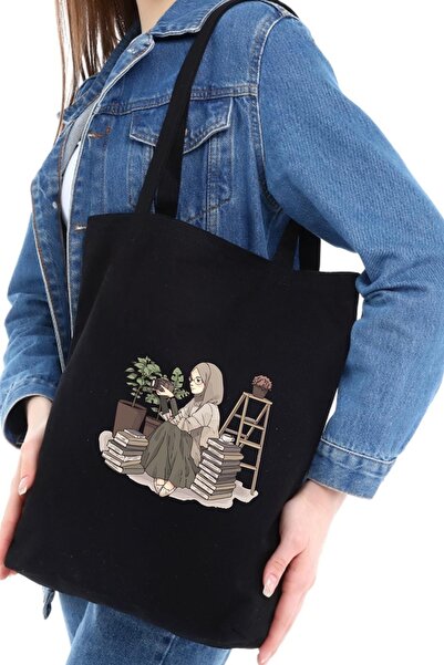 Çınar Bez Çanta Siyah Kanvas Fotoğrafçı Kız Baskılı Çanta