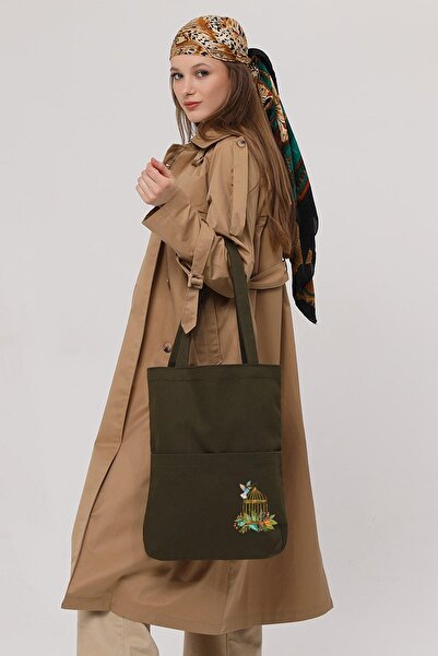 Çınar Bez Çanta 3 Cepli Kafes Baskılı Koyu Yeşil Gabardin Çanta