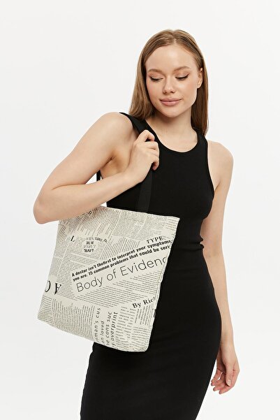 Çınar Bez Çanta Kanvas Fermuarlı Gazete Tema Çift Taraf Baskılı Yatay Çanta