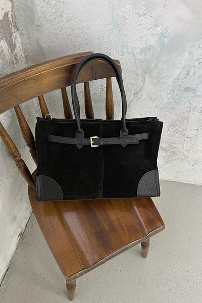 LEONAS Real Suede Leather Women's Hand and Shoulder Bag with Belt Accessory Howell Black