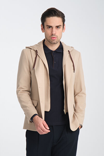 Frappoli Marcio Чоловічий кремовий блейзер зі знімним капюшоном, напівпідкладкою, облягаючим кроєм та монокомір