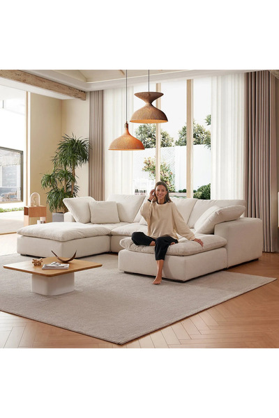 SCY Regen Bej U Tipi Köşe Koltuk Takımı Dekoratif Özel Tasarım Modüler Pofuduk Köşe Grubu