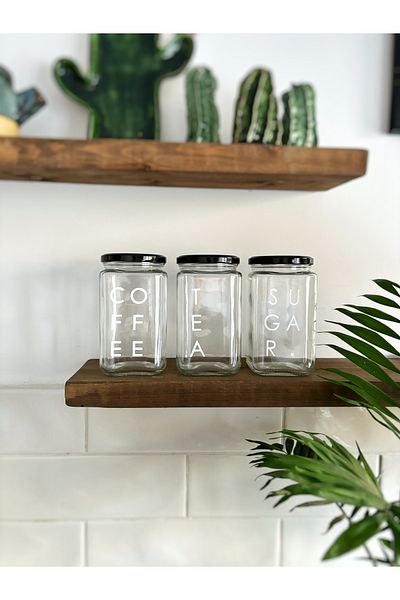 Atölye Merdiven 3-Piece Glass Jar Storage Container Tea Sugar Coffee Label Kitchen Organizing Set 850ml