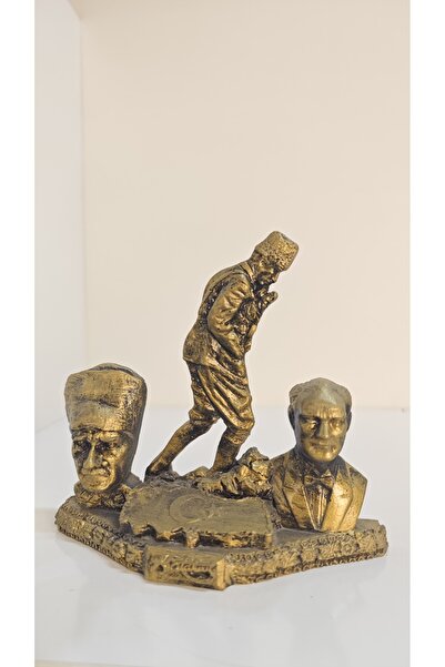 Atatürk Dekoratif Biblo - Üçlü Masaüstü - Gold Eskitme