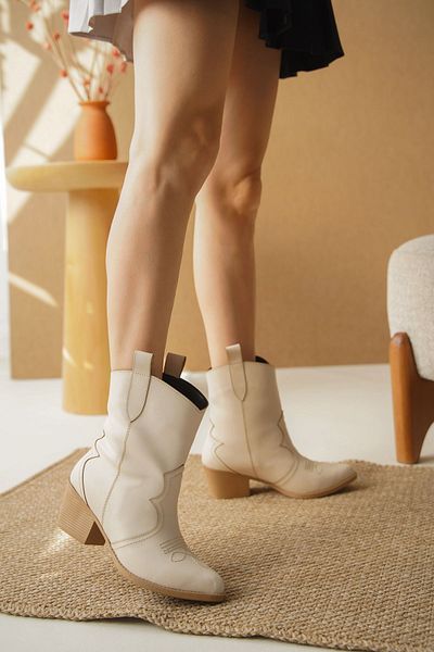 Afilli Women's Skin Skin Matte Pointed Toe Slip on Thick Short Heels Buckled Stylish Western Cowboy Boots Shoes