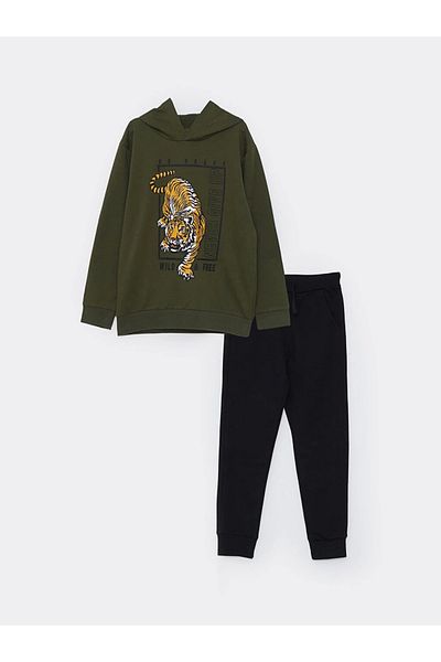 LC Waikiki Lcw Kids Green Hooded Printed Long Sleeve Boys Sweatshirt and Sweatpants
