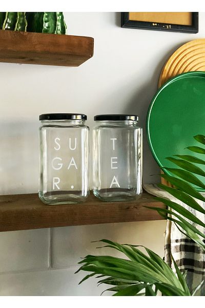 Atölye Merdiven Set of 2 Glass Jars Tea Coffee Food Arrangement Storage Container with Sugar Label