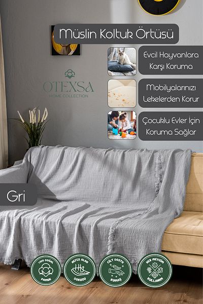 OTEXSA Light Gray 4-Layer Double-Sided Muslin Sofa Cover (200 X 220cm- Ice Blue)