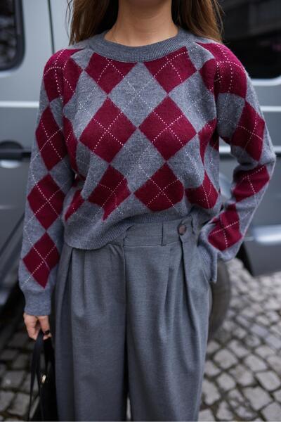 Askı Nişantaşı Bordo -Gri Bisiklet Yaka Baklava Desenli Triko