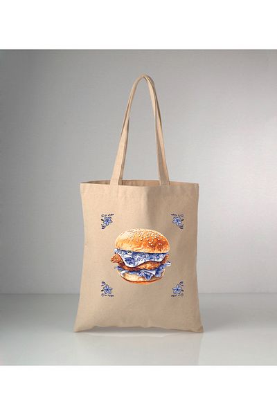 GİFTORA Special Series Delft Blue Hamburger Printed Raw Cloth Shoulder Bag