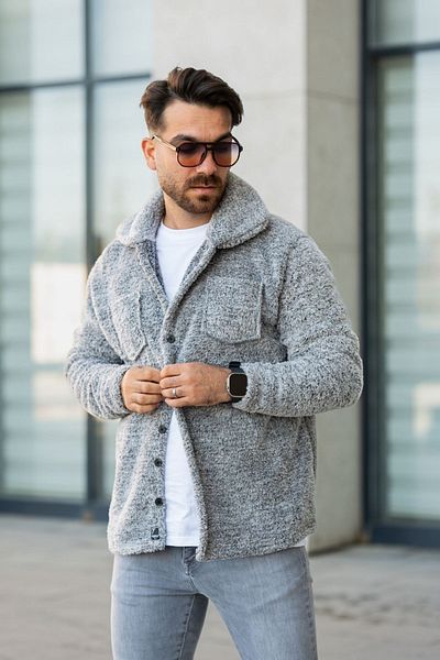 Know Men's Gray Brown Shirt Collar Chest Pocket Detailed Buttoned Fleece Jacket Set of 2