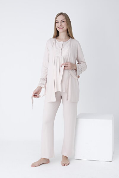 Miss Dünya Lissa Sabahlıklı Dantel Detaylı Önden Düğmeli Hamile ve Lohusa Pijama Takımı