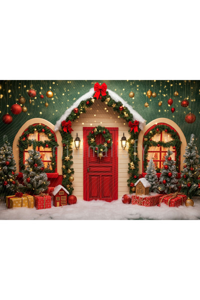 Minimalisfy Kırmızı ve Altın Noel Köyü 200x150cm Arka Plan Stüdyo Fonu